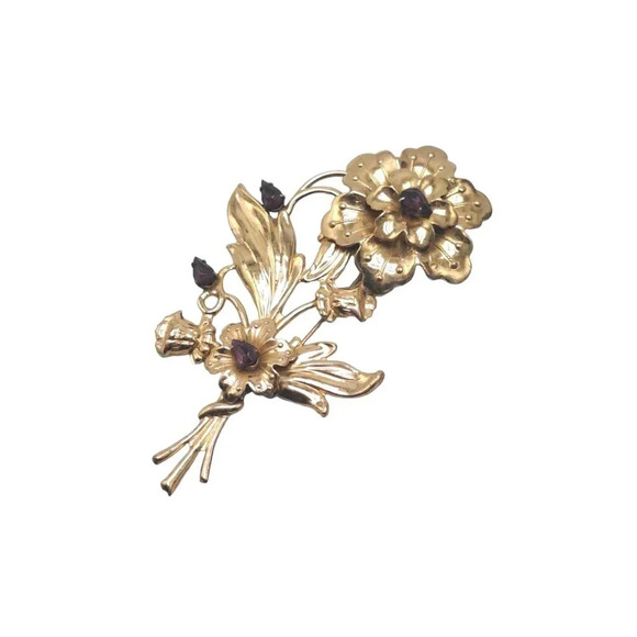 Sterling Silver Purple Rhinestone Flower Brooch Pin Gold Vermeil Vintage - Picture 1 of 6